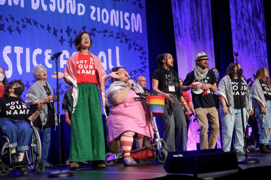 Singers at the 2025 Jewish Voice for Peace National Member Meeting. (Photo: Jacob Blumenstein)